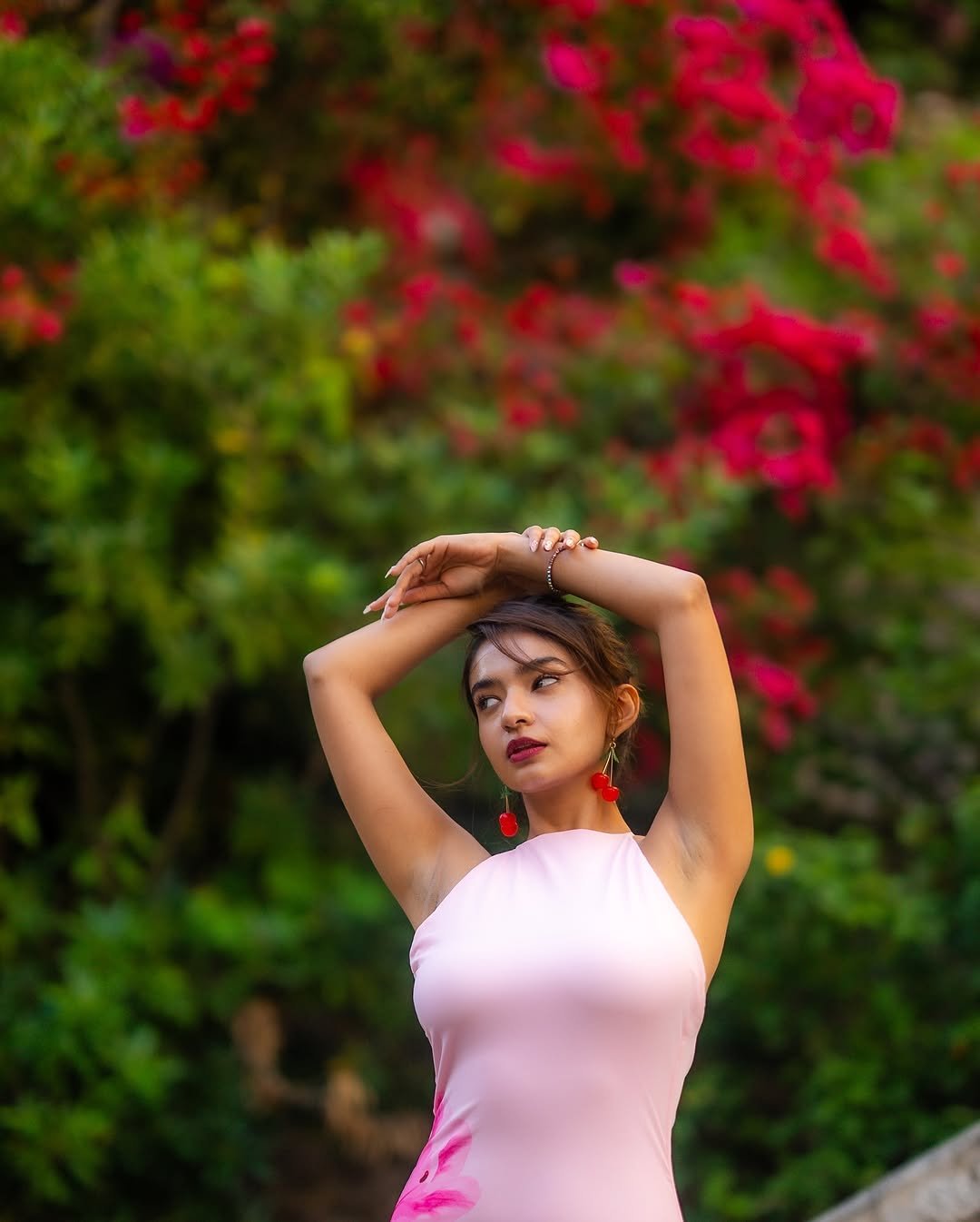 Anushka Sen Playful Pastel Pink Halter Dress – Cherry Statement Earrings (5)