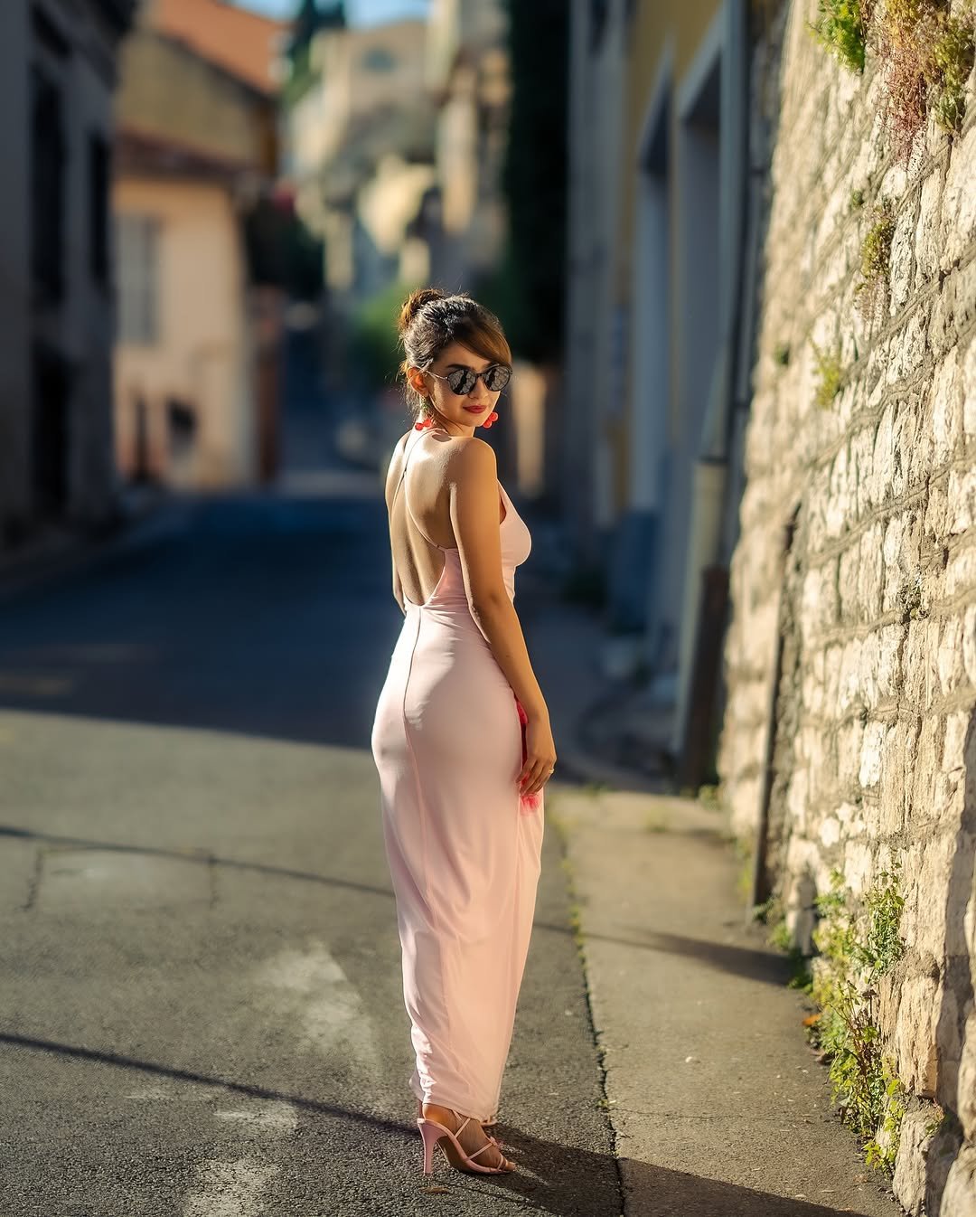 Anushka Sen Playful Pastel Pink Halter Dress – Cherry Statement Earrings (6)