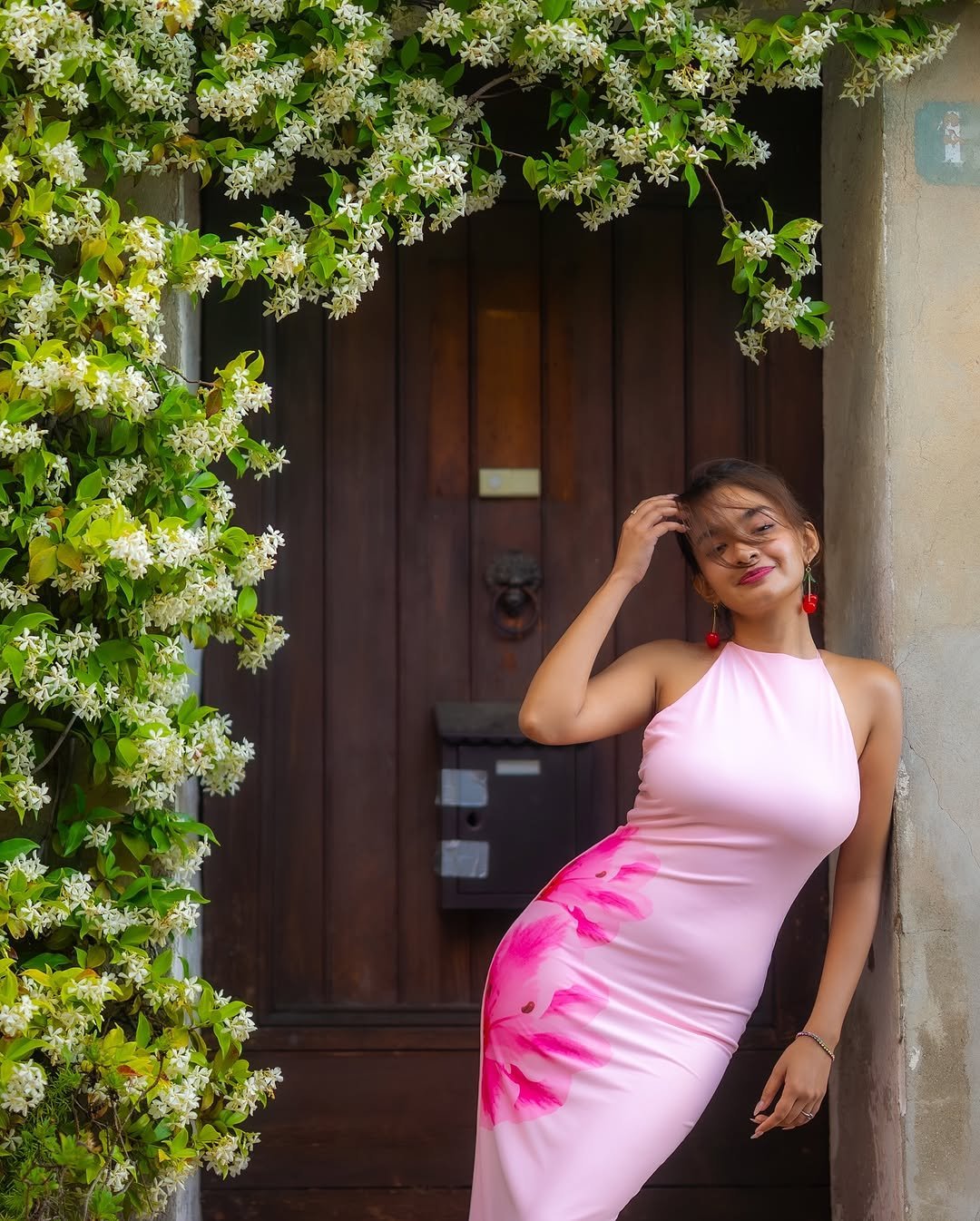 Anushka Sen Playful Pastel Pink Halter Dress – Cherry Statement Earrings (7)