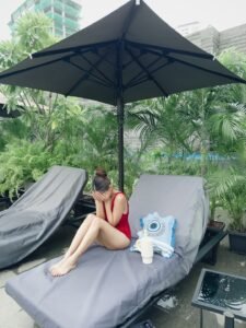 Anushka Sen red swimsuit poolside mermaid vibes