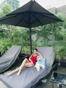 Anushka Sen red swimsuit poolside mermaid vibes