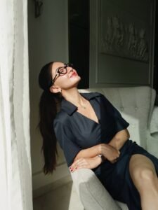 Anushka Sen ruched black dress modern work chic