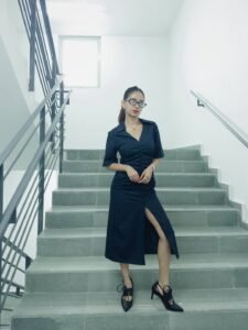 Anushka Sen ruched black dress modern work chic