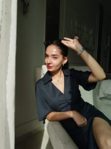 Anushka Sen contemporary black dress office fashion