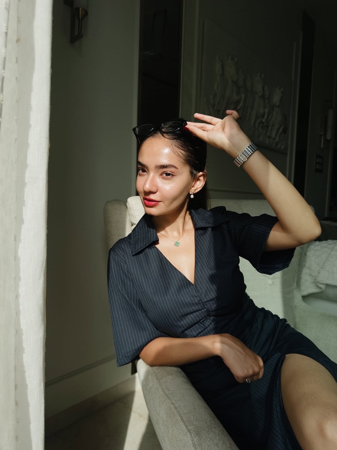 Anushka Sen contemporary black dress office fashion