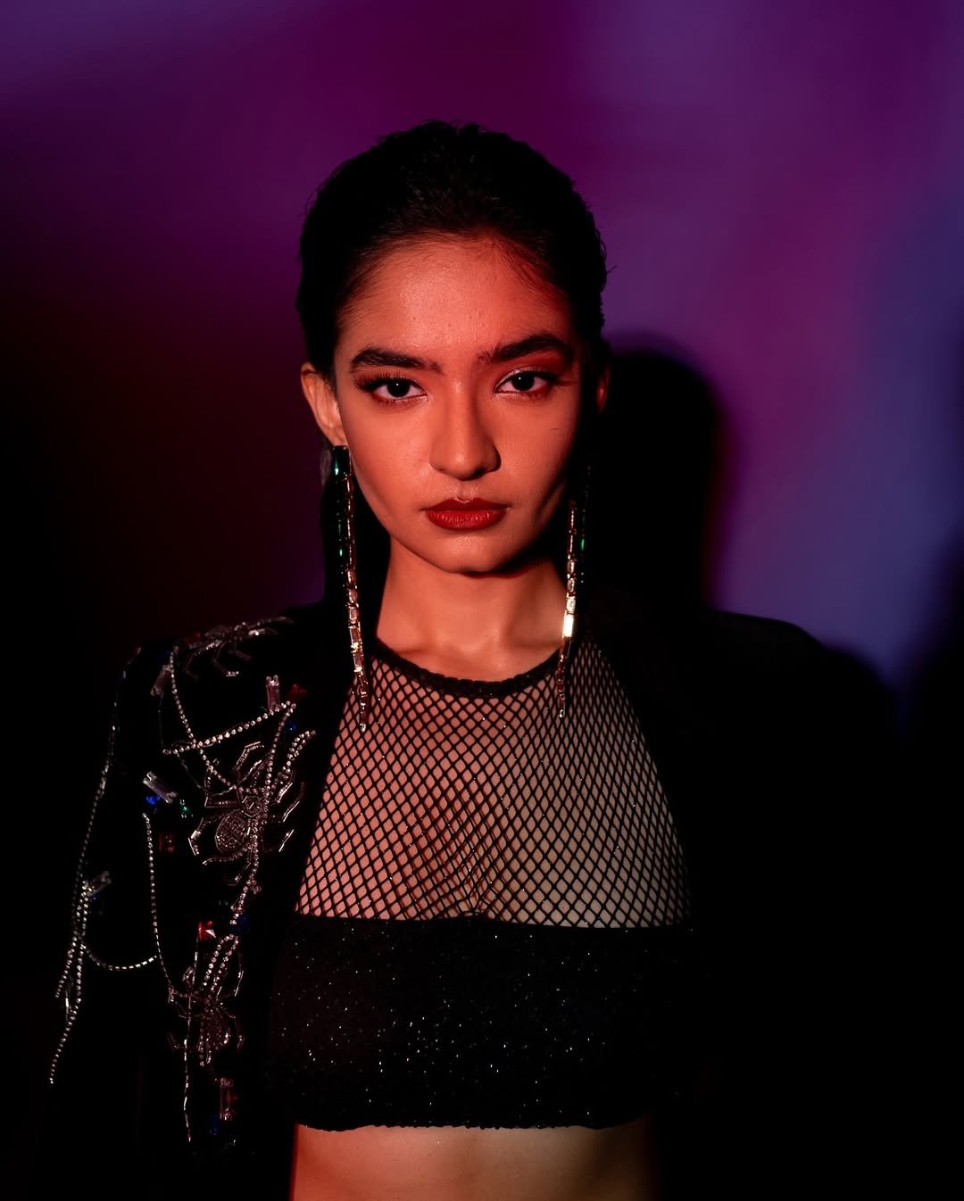 Anushka Sen Statement Glam Embellished Jacket and Fishnet Crop Top (14)