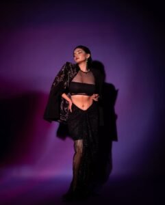 Anushka Sen Statement Glam Embellished Jacket and Fishnet Crop Top (15)