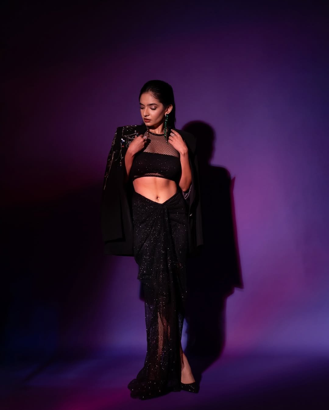 Anushka Sen Statement Glam Embellished Jacket and Fishnet Crop Top (18)