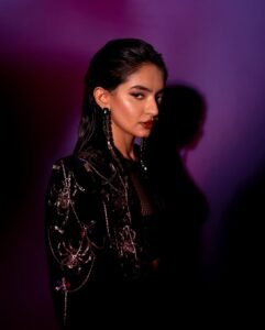 Anushka Sen Statement Glam Embellished Jacket and Fishnet Crop Top (2)