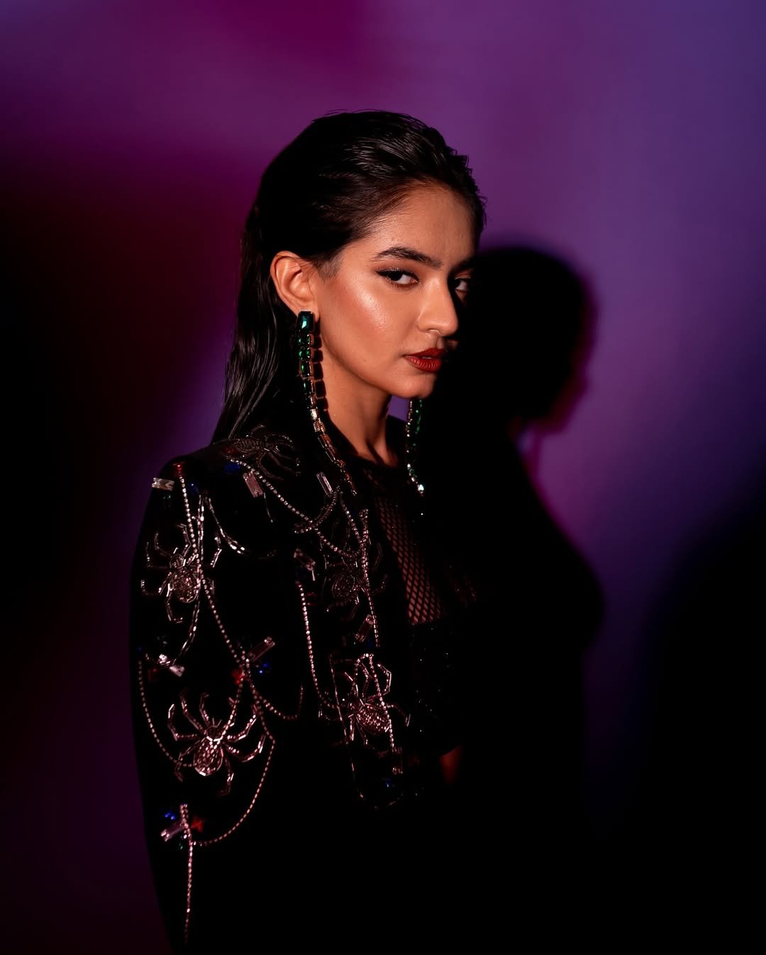 Anushka Sen Statement Glam Embellished Jacket and Fishnet Crop Top (2)