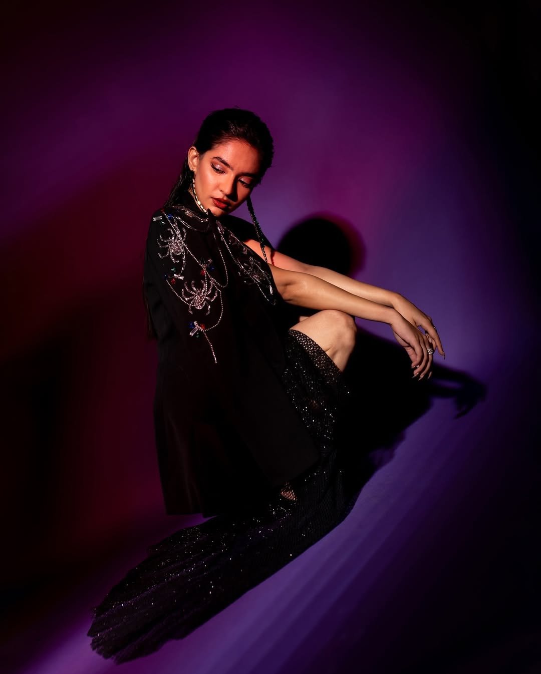 Anushka Sen Statement Glam Embellished Jacket and Fishnet Crop Top (21)