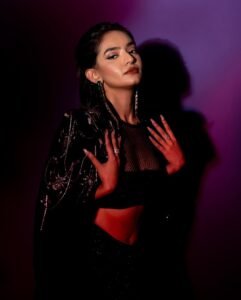 Anushka Sen Statement Glam Embellished Jacket and Fishnet Crop Top (23)