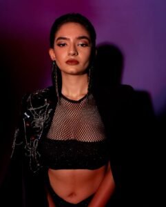 Anushka Sen Statement Glam Embellished Jacket and Fishnet Crop Top (24)