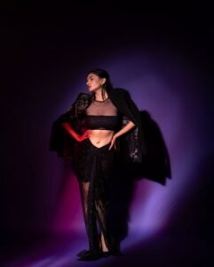 Anushka Sen Statement Glam Embellished Jacket and Fishnet Crop Top (29)