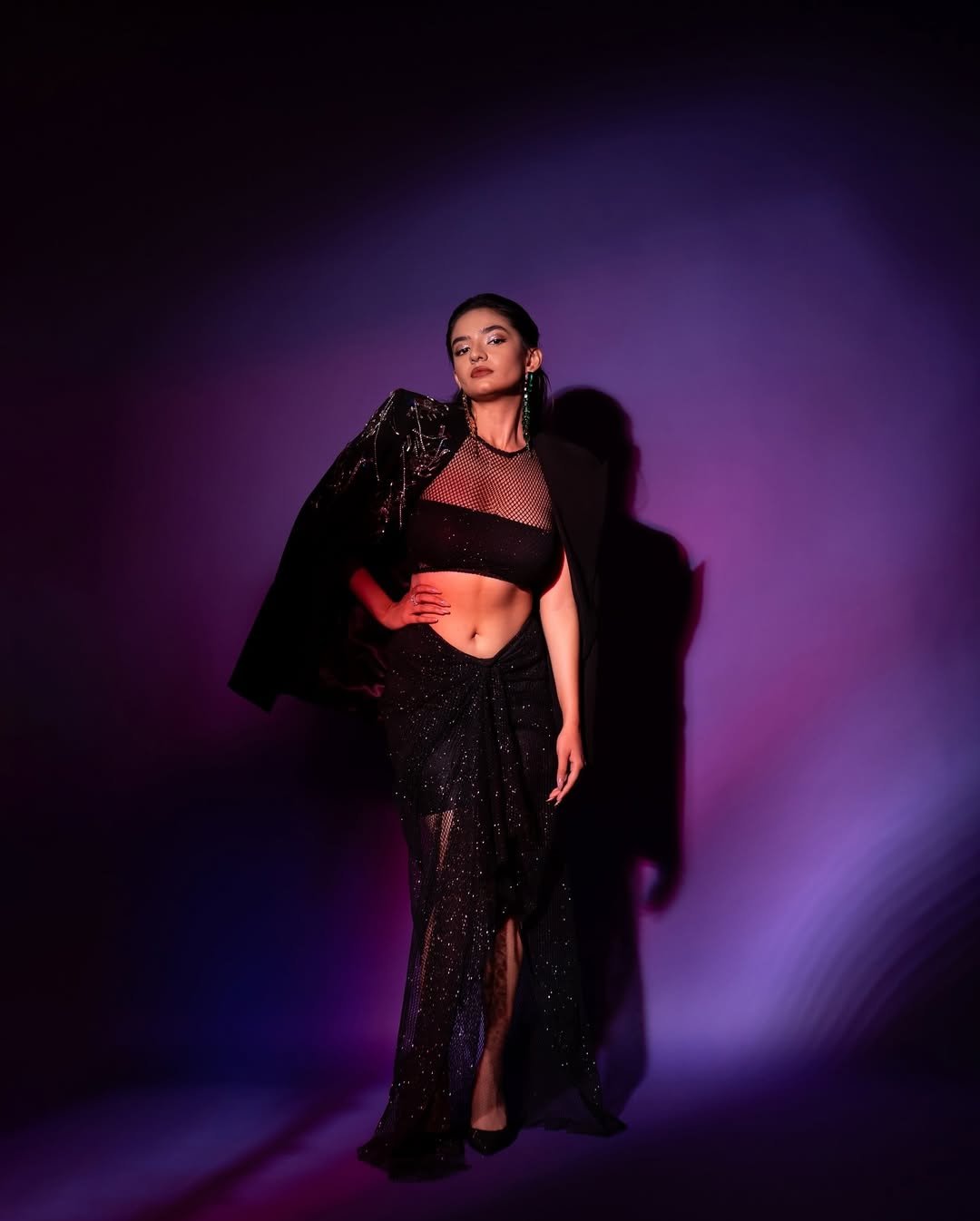 Anushka Sen Statement Glam Embellished Jacket and Fishnet Crop Top (30)