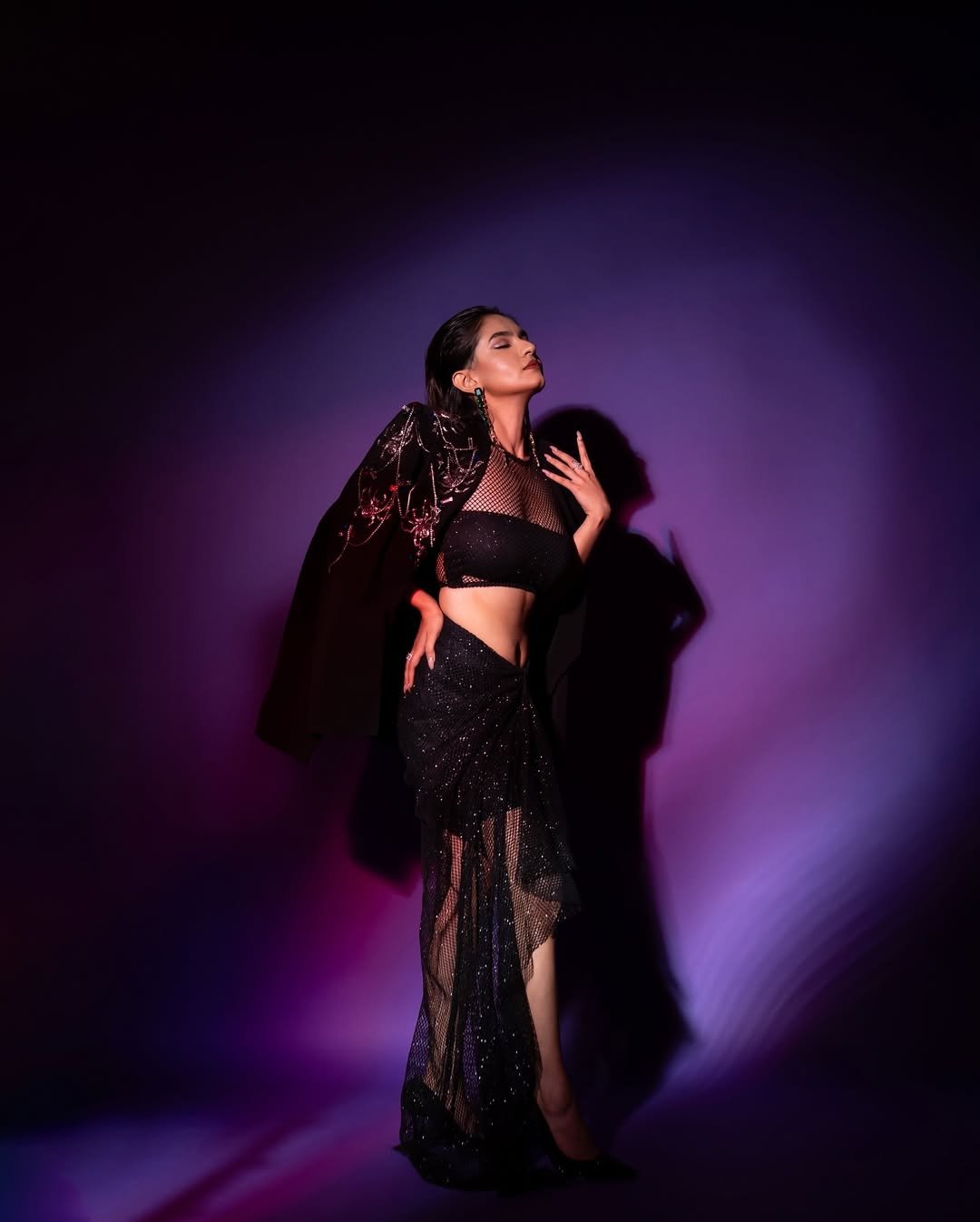 Anushka Sen Statement Glam Embellished Jacket and Fishnet Crop Top (31)