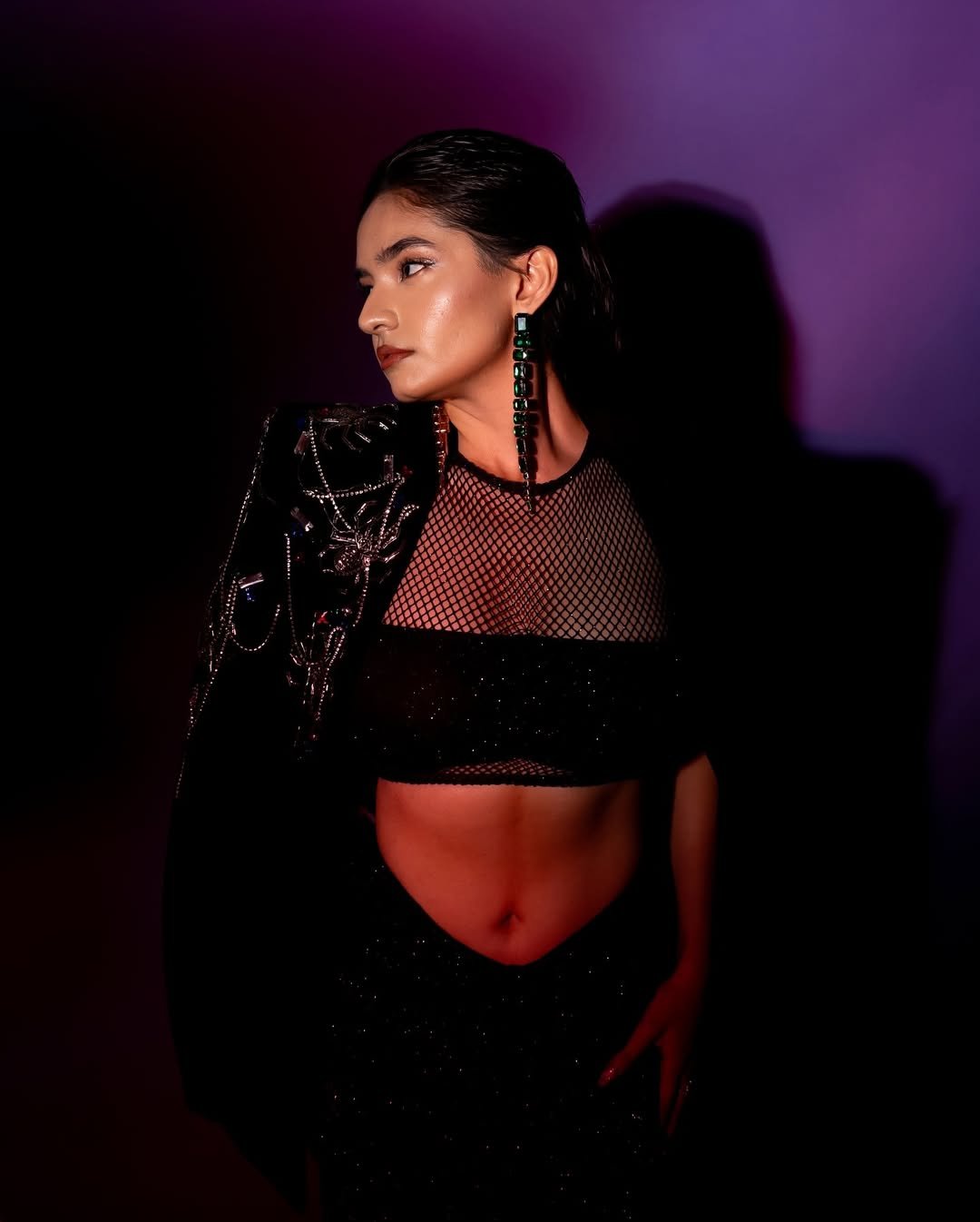 Anushka Sen Statement Glam Embellished Jacket and Fishnet Crop Top (38)