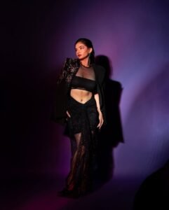 Anushka Sen Statement Glam Embellished Jacket and Fishnet Crop Top (39)