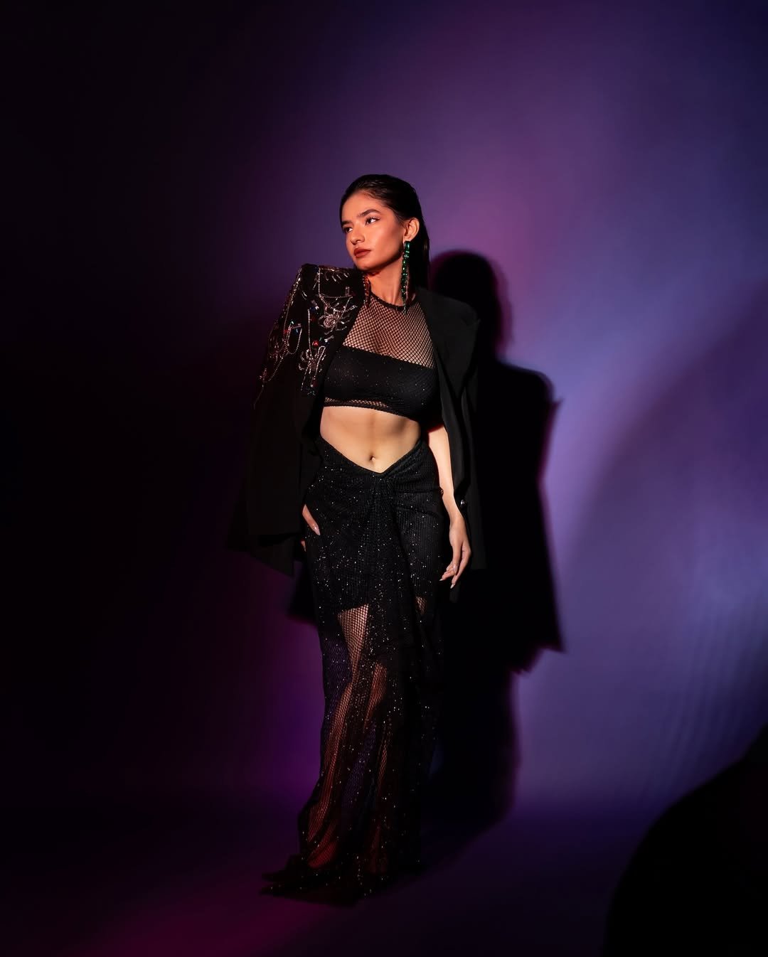 Anushka Sen Statement Glam Embellished Jacket and Fishnet Crop Top (39)