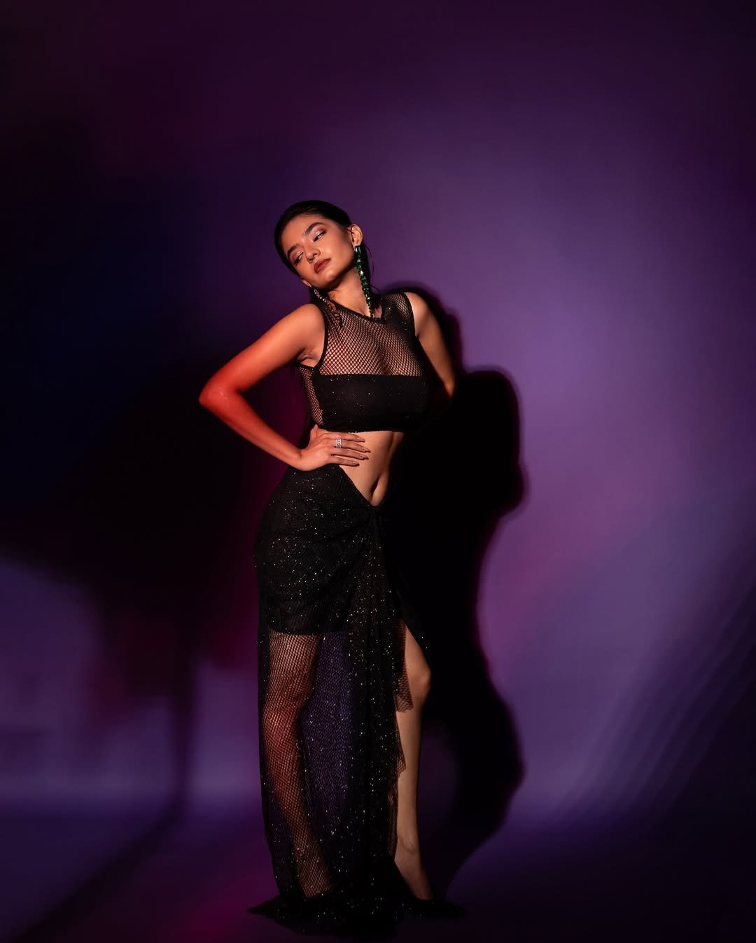 Anushka Sen Statement Glam Embellished Jacket and Fishnet Crop Top (4)