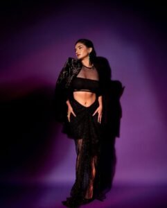 Anushka Sen Statement Glam Embellished Jacket and Fishnet Crop Top (8)