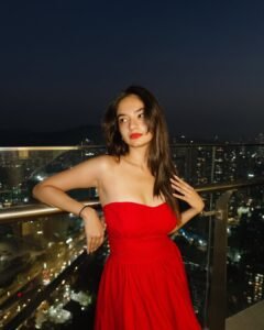 Anushka Sen Striking Red Strapless Dress – Rooftop Night Glam (47)