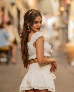 Anushka Sen feminine ruffle co-ord vacation style