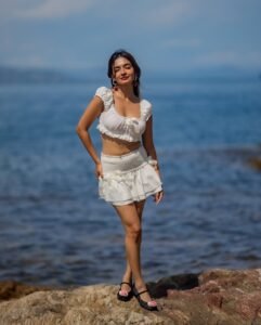 Anushka Sen feminine ruffle co-ord vacation style