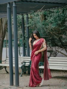 Delna Davis Elegant Maroon Saree Outdoor Photoshoot (2)