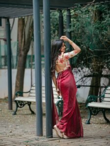 Delna Davis Elegant Maroon Saree Outdoor Photoshoot (3)