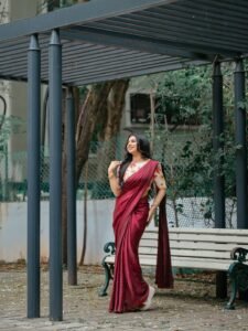 Delna Davis Elegant Maroon Saree Outdoor Photoshoot (5)