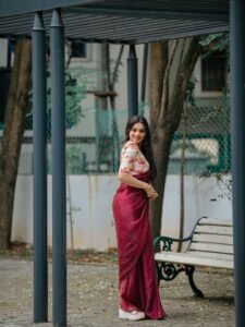 Delna Davis Elegant Maroon Saree Outdoor Photoshoot (8)