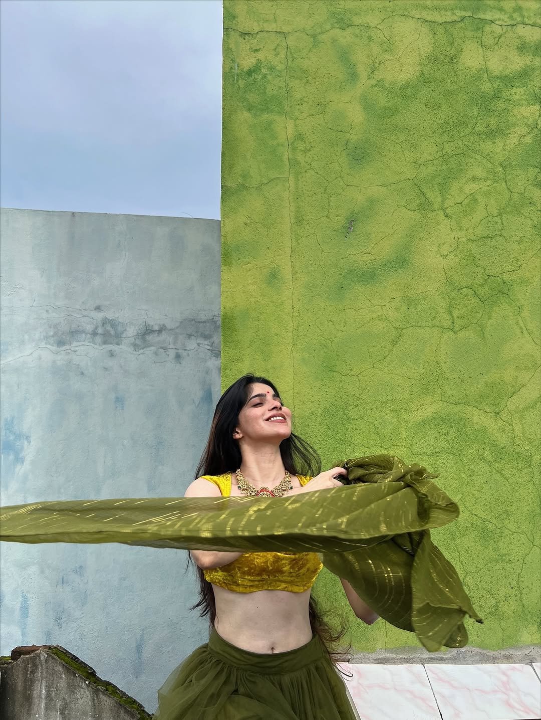 Divya Bharathi Stuns in Olive Green Saree and Yellow Blouse Photos (12)