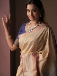 Janani Ashok Kumar in Traditional Beige Silk Saree with Statement Jewelry (8)