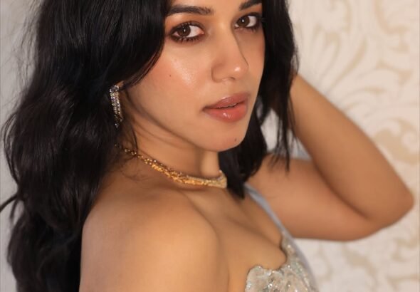 Mirnalini Ravi Glamorous in Strapless Grey Embellished Saree (5)