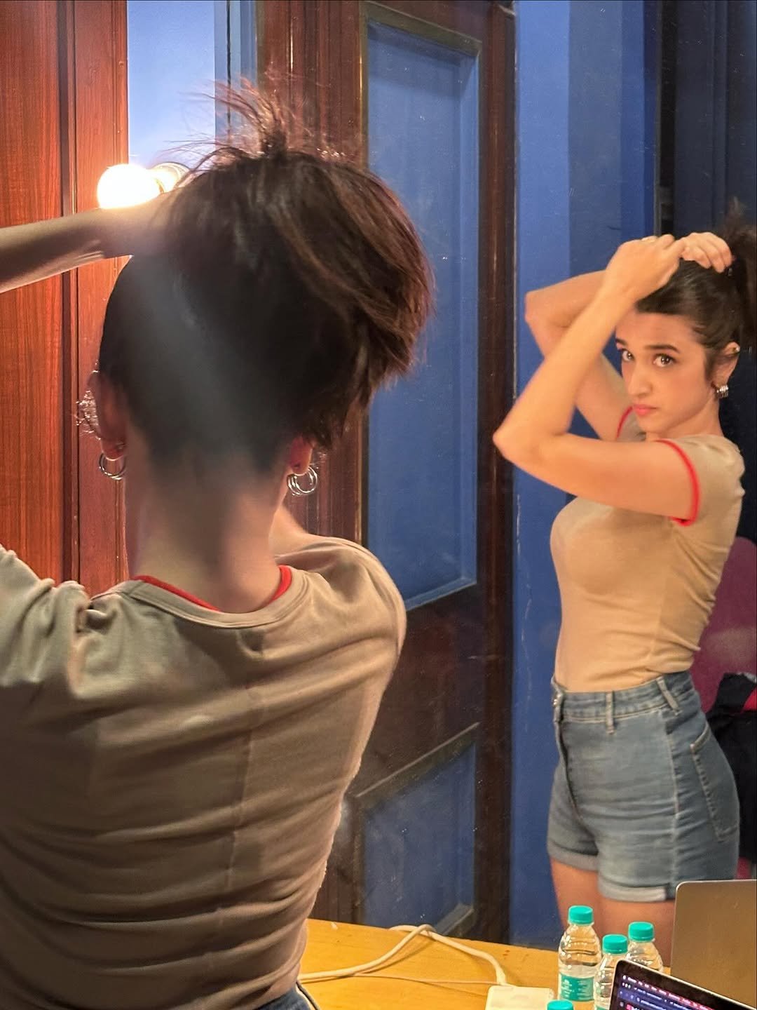 Nuveksha Looks Cute in Casual Beige Top and Denim Shorts Photos (10)