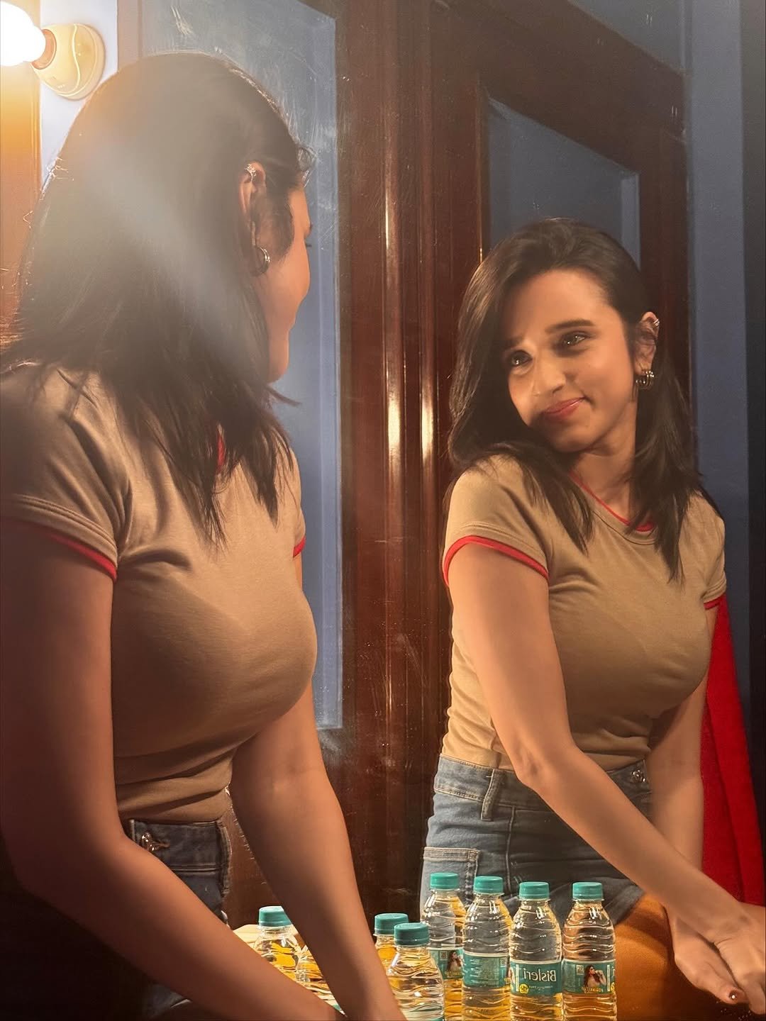 Nuveksha Looks Cute in Casual Beige Top and Denim Shorts Photos (2)