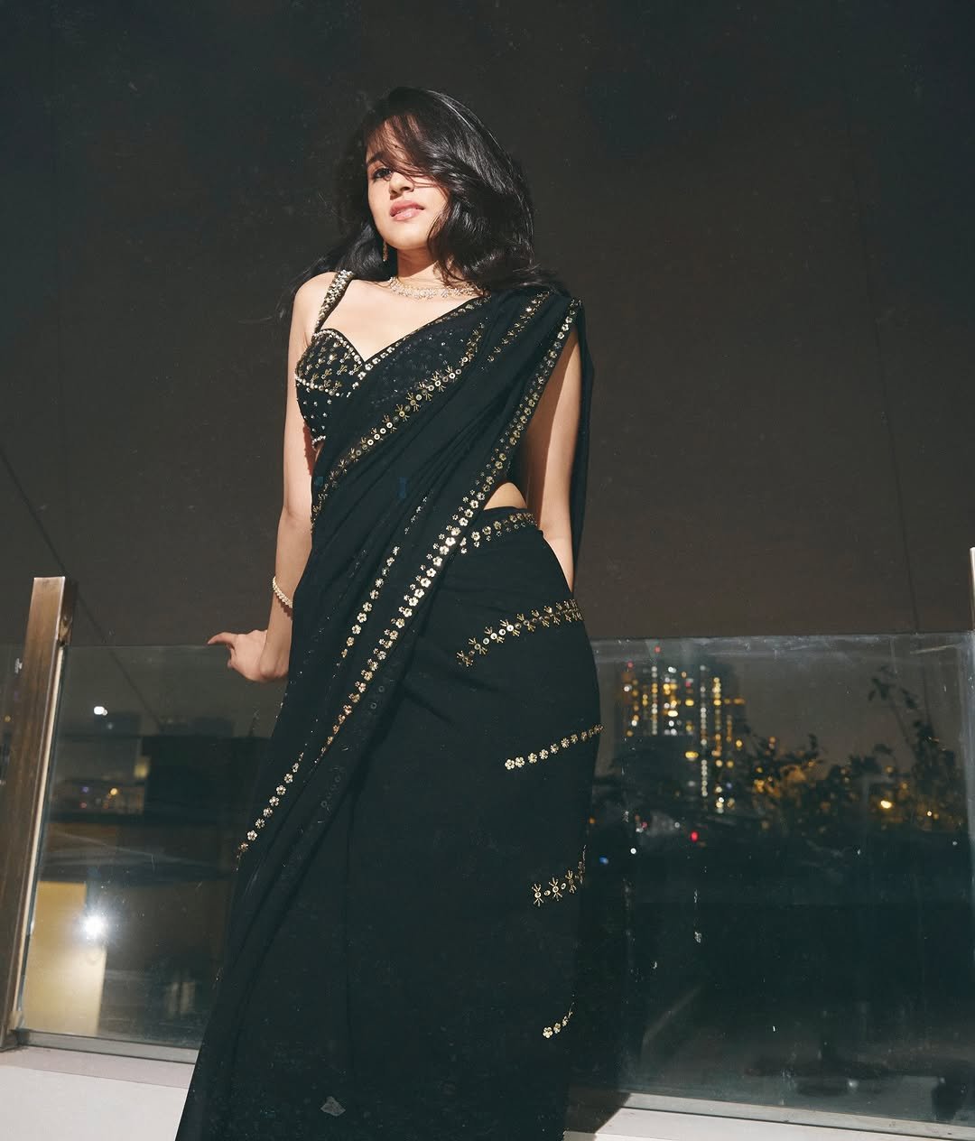 Nuveksha Slays in Black Sequin Saree Photos (15)