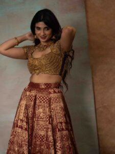 Pragya Nagra Stuns in Maroon Gold Lehenga Photos (11)