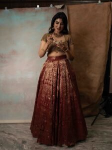 Pragya Nagra Stuns in Maroon Gold Lehenga Photos (4)