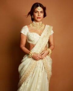 Priyanka Chopra Regal in White Gold Saree in Varanasi Title Launch Event (1)