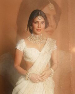 Priyanka Chopra Regal in White Gold Saree in Varanasi Title Launch Event (2)