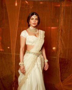 Priyanka Chopra Regal in White Gold Saree in Varanasi Title Launch Event (7)