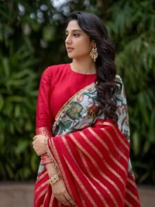 Ritika Nayak Looks Stunning in Red Printed Saree Photos (1)