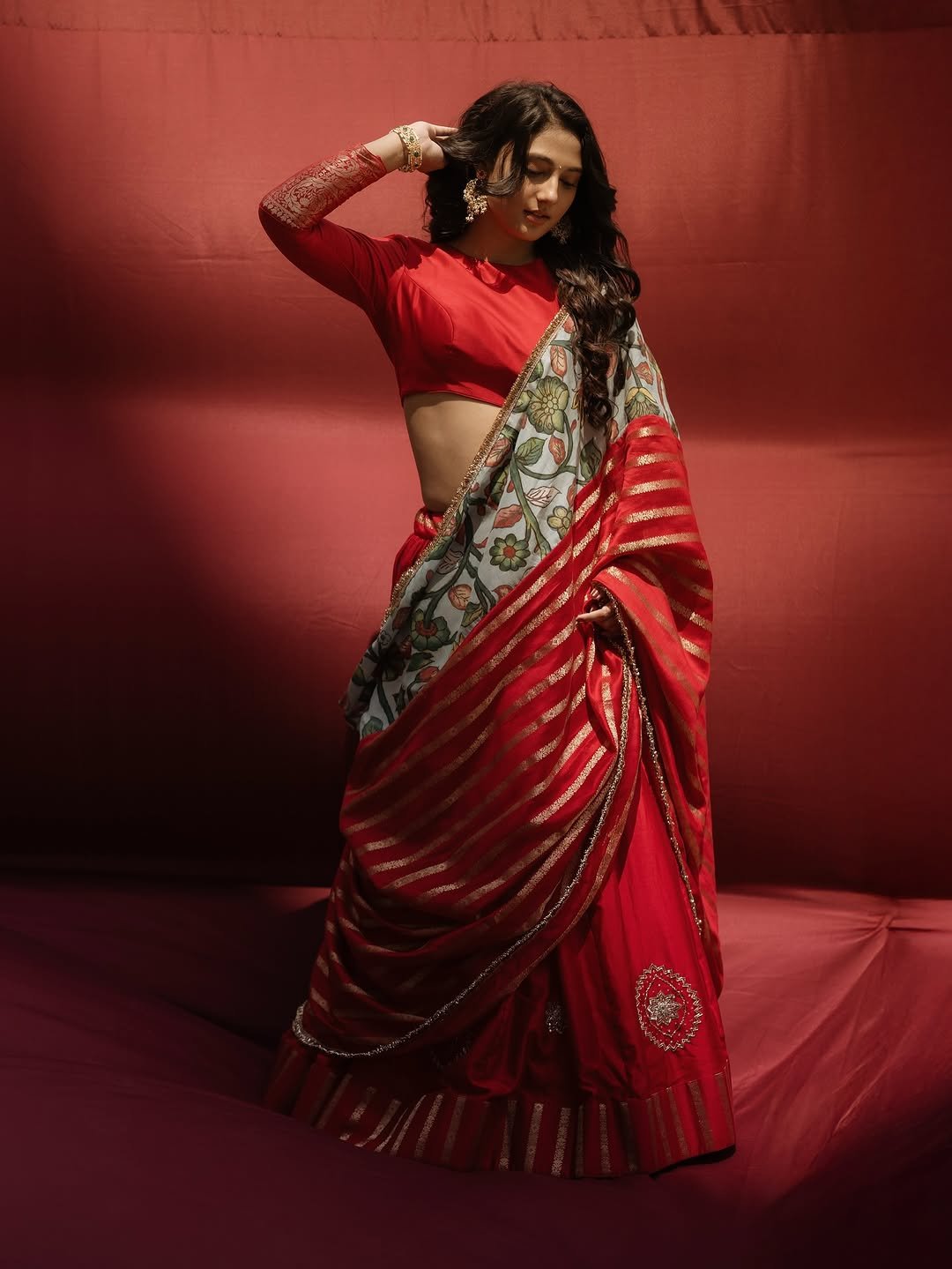 Ritika Nayak Looks Stunning in Red Printed Saree Photos (4)