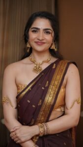 Rukmini Vasanth Glamorous in Maroon Saree and Gold Jewelry (1)