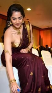 Rukmini Vasanth Glamorous in Maroon Saree and Gold Jewelry (4)