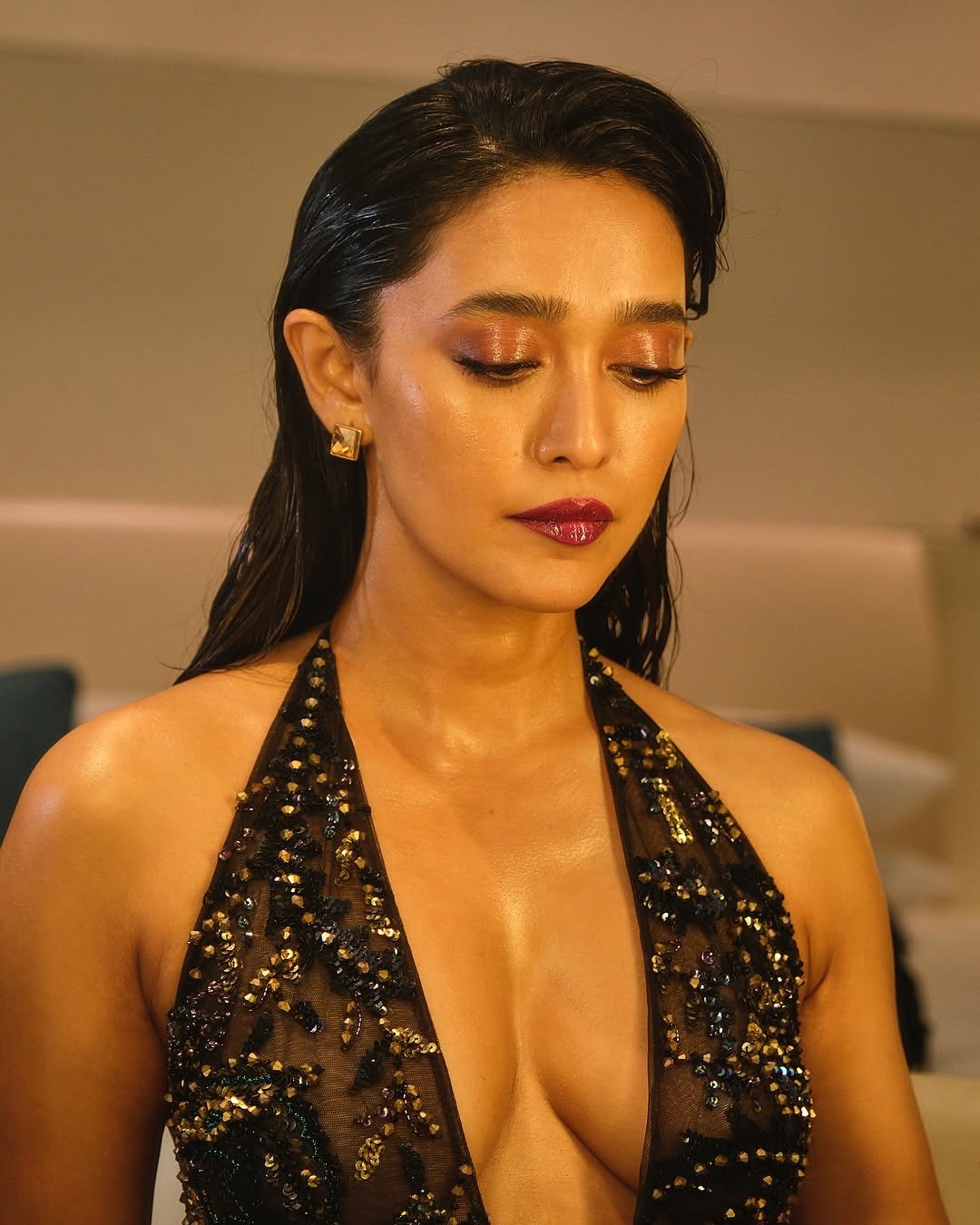 Sayani Gupta Bold in Black Sequin Plunge Dress (1)