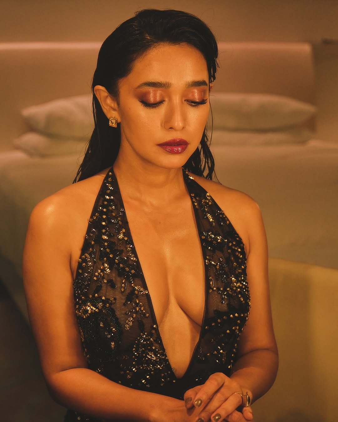 Sayani Gupta Bold in Black Sequin Plunge Dress (11)