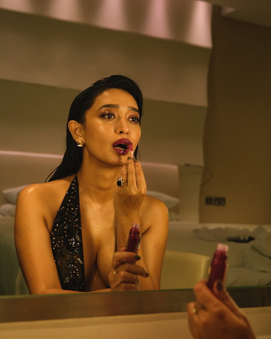 Sayani Gupta Bold in Black Sequin Plunge Dress (22)